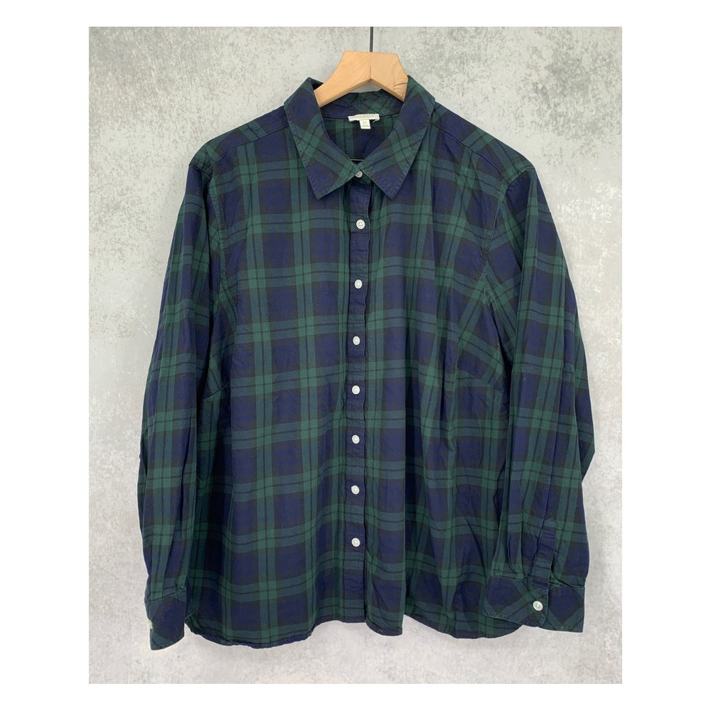 Talbots Flannel Shirt Womens 3X Green Blue Plaid Long Sleeve Cotton Holiday